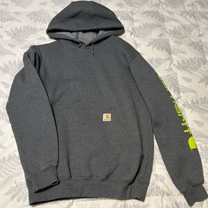 Carhartt Dark Gray Hoodie with Bright Green Sleeve Logo
